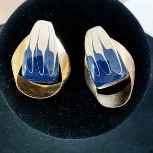 1980s Vintage Brass Metal Navy Blue Paint Earrings
